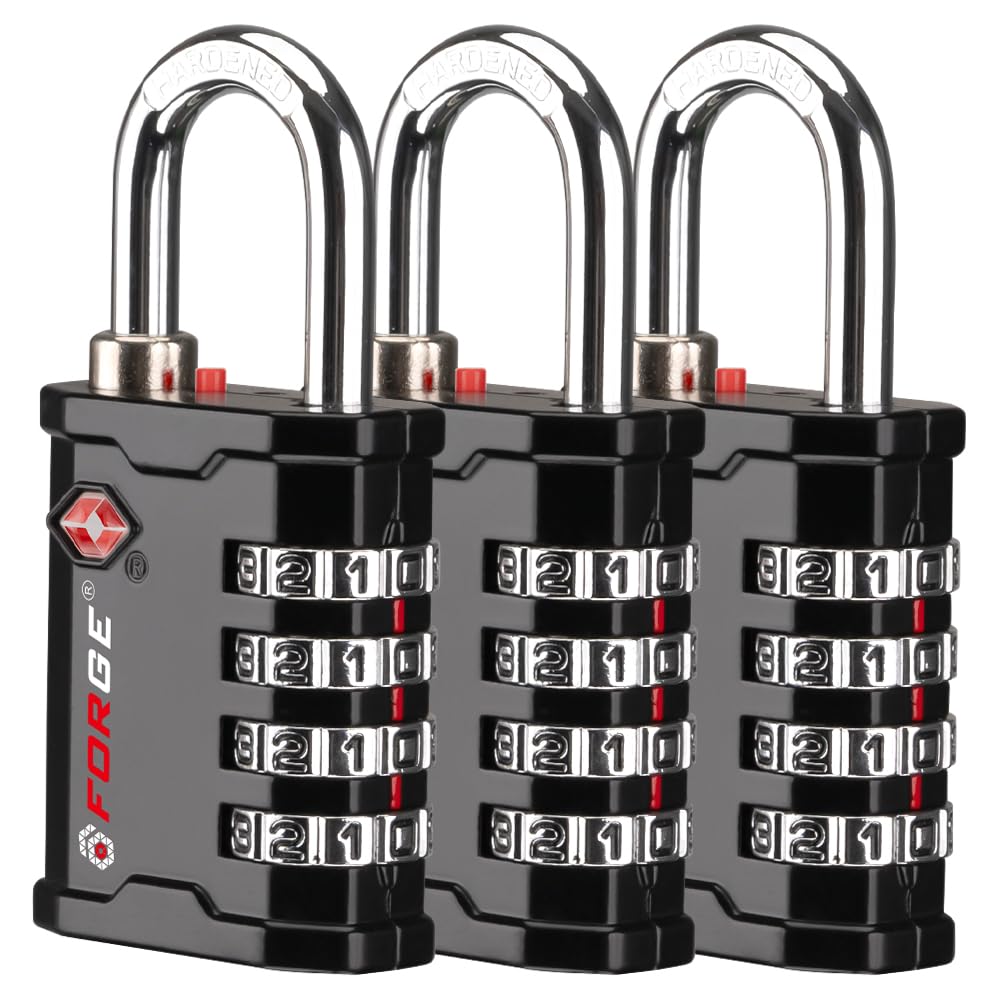 Forge 4-Digit TSA Approved Travel Locks – Heavy-Duty Combination Padlock for Travel, Gym, Pelican Case. Black 2-Pack.