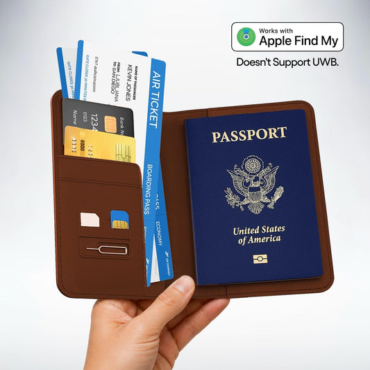 Apple MFi Certified Trackable Passport Holder for Travel (iOS Only) Works with Apple Find My, Rechargeable Passport Cover Air 3-Year Battery Life, Brown RFID Blocking Travel Wallet Gift