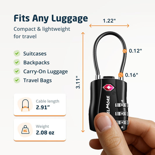 TravelMore TSA Approved Luggage Locks, Travel Combination Cable Locks