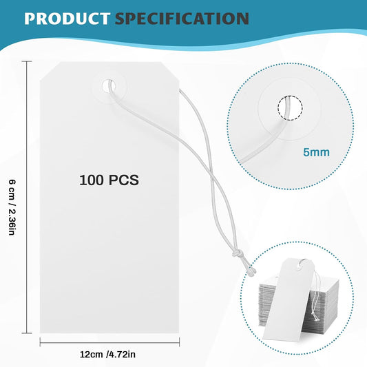 100 Pack White Shipping Tags with Elastic String