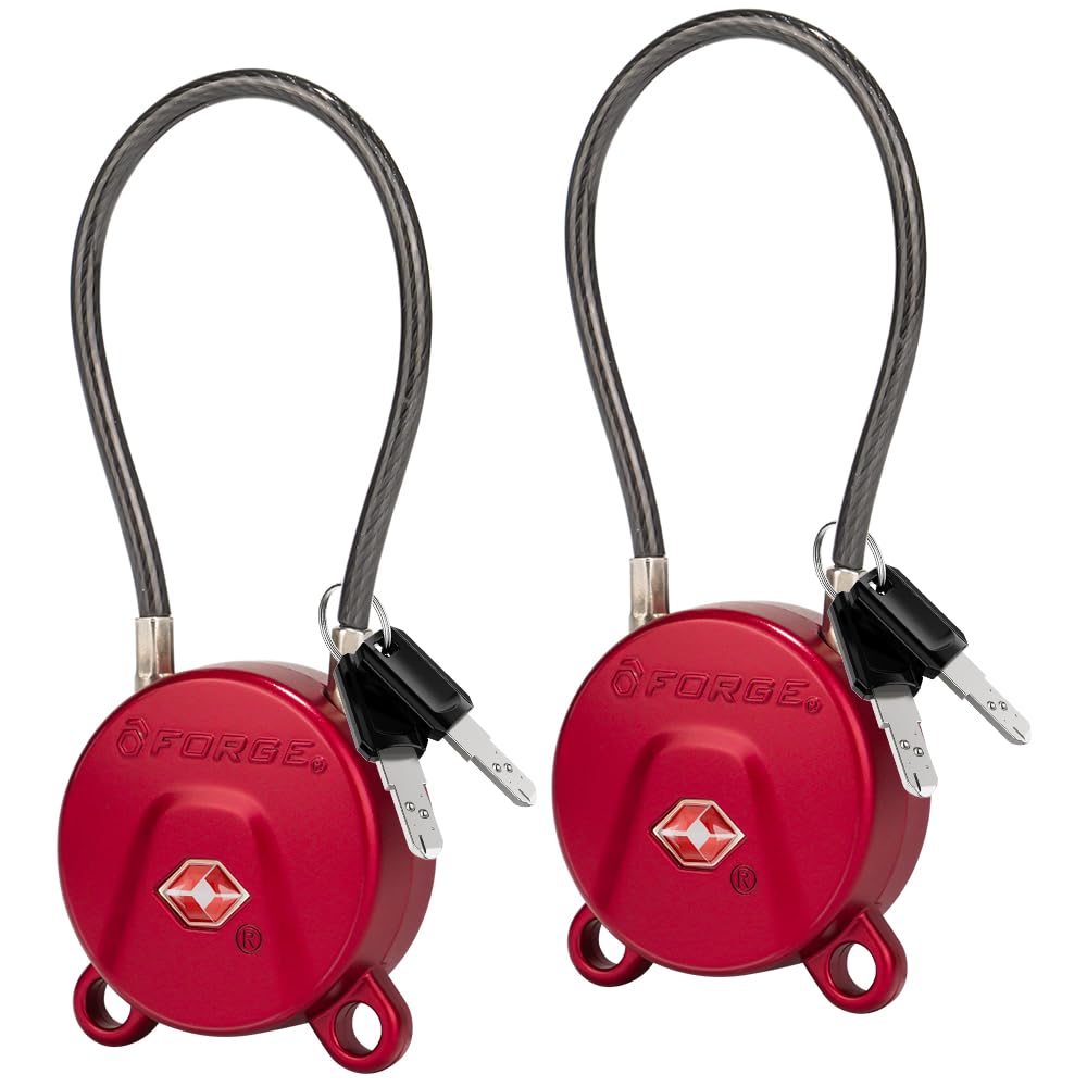 FORGE TSA Approved Key Luggage Locks, Keyed Alike, TSA006 Dimple Key Cable Locks. Black 2 Pack.