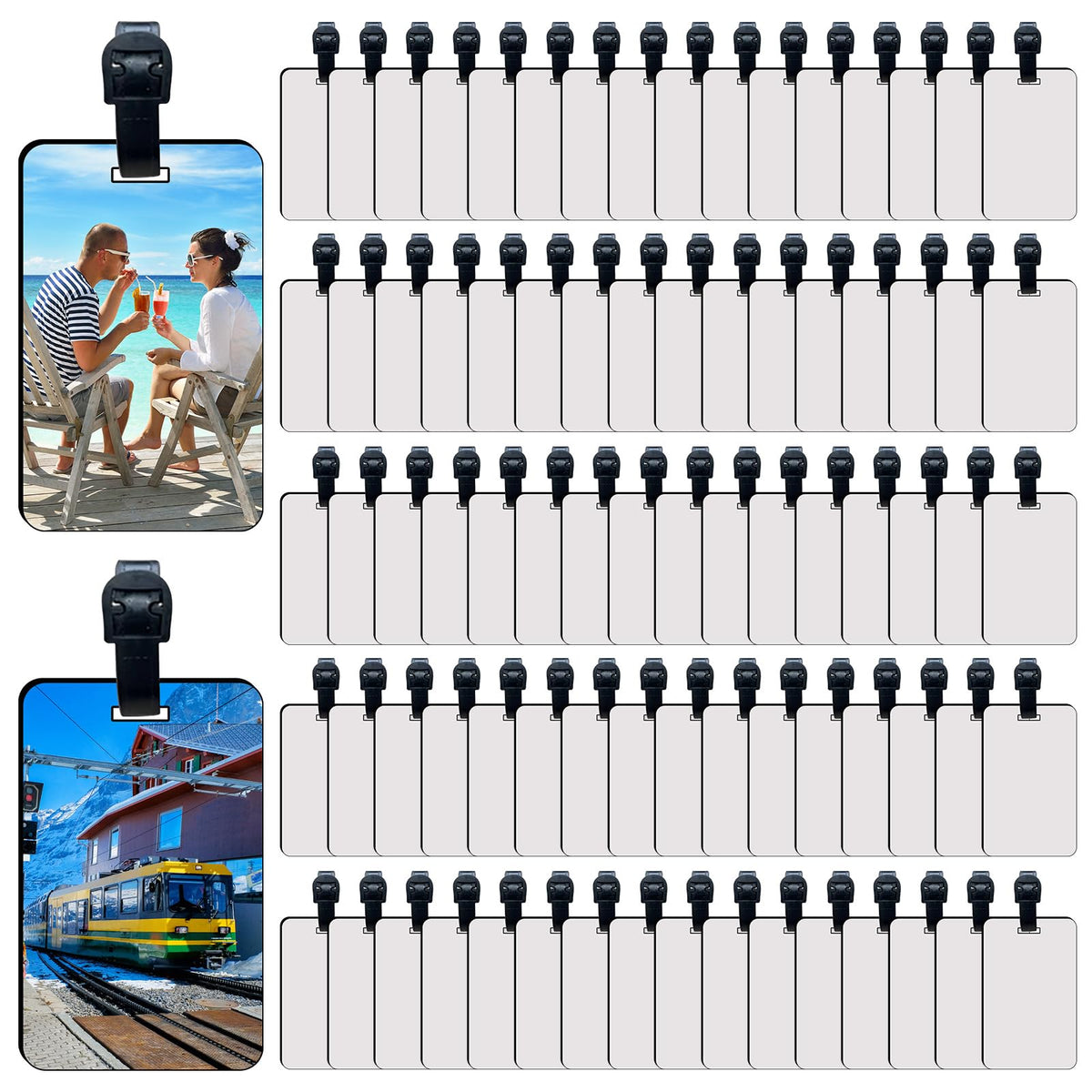 50 pcs Sublimation Luggage tag Blanks White Blank Travel Bag Tags with Strap Double Sided MDF Suitcase Label Tag with Slots Keychains Blanks Handmade DIY Crafting
