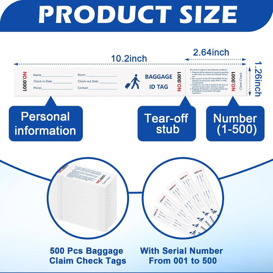 500 Pcs Paper Hotel Luggage ID Tags with Transfer Tape On Back Luggage Tags Bulk White Baggage Claim Check Tags Serial Numbering Claim Ticket Baggage Identification for Suitcase Motel Bag Storage