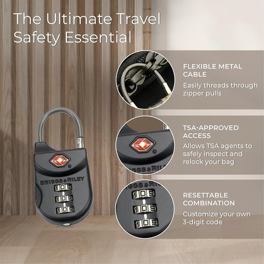 Briggs & Riley TSA Approved Cable Lock for Luggage & Suitcases - Travel Lock, 3 Digit Combination, Flexible Cable for Zippered Bags - Luggage Accessories, Black