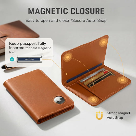 ALLIVE RFID Blocking Passport Holder for Travel, Genuine Leather Passport Holder with AirTag Slot, Magnetic Closure Passport Cover Travel Wallet for Women Men, Travel Essentials Gifts (Caramel)