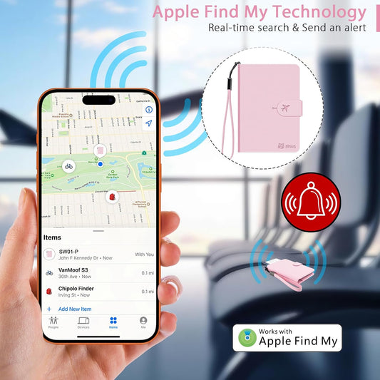 Passport Holder for Travel with Apple Find My,Waterproof RFID Blocking Passport Cover with 4 Card Slots, Wireless Charging, Magnetic Closure, Pink