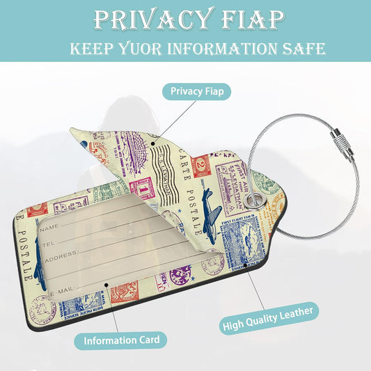 Travel Stamp Luggage Tags for Suitcase,2 Pack Retro Passport Carte Postale Luggage Tag Leather Privacy Cover ID Label with Stainless Steel Loop for Women Men Kids Girls