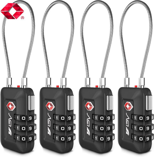 BV Luggage Locks TSA Accepted, Travel Sentry Approved 3-Digit Combination Suitcase Locks with Open Alert & Flexible Cable for Travel, Backpacks, Lockers, Cases, Black, 4 Pack
