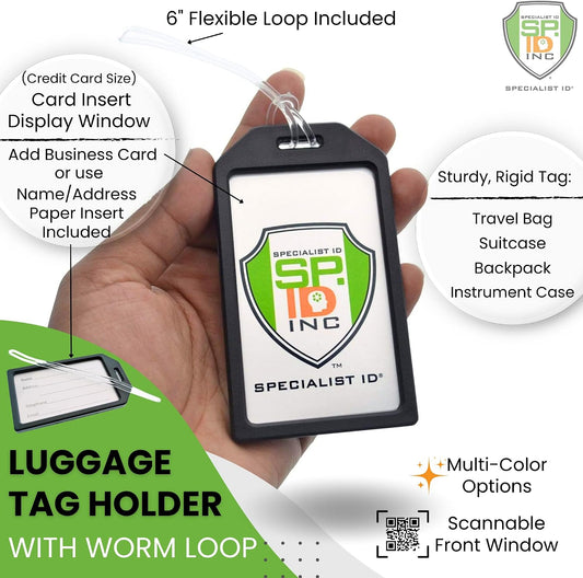 5 Pack - Premium Rigid Airline Luggage Tag Holders with 6" Worm Loops - Heavy Duty Hard Plastic -Suitcase ID Tag Identifiers with Business Card Insert Window by Specialist ID (Black)