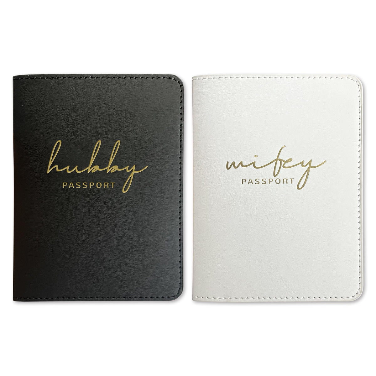 HubbyWifeyGifts Matching Passport Holder for Hubby and Wifey, PU Leather Passport Cover with RFID Blocking, Honeymoon Essentials for Travel, Engagement Gifts for Couples