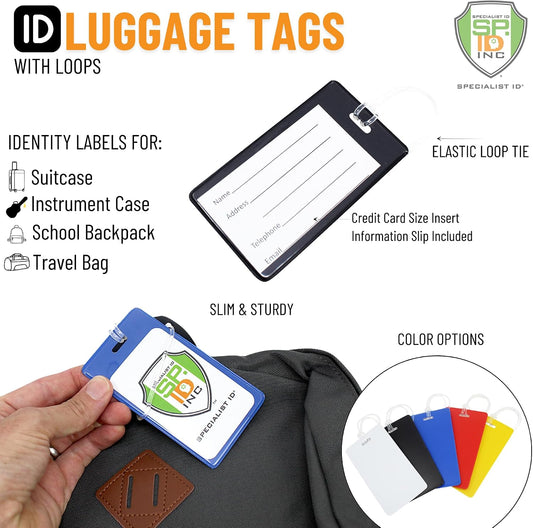 25 Pack - Bright Backpack ID Luggage Tags for Student Identification Cards - School Name Badge Holder for Backpacks - Business Card Size with Clear Insert Window by Specialist ID (Assorted Colors)