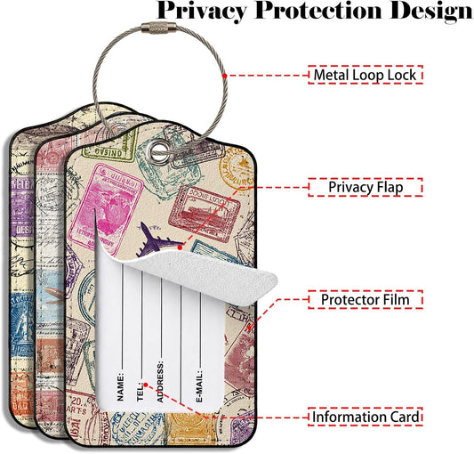 Travel Stamp 3 Pack Luggage Tags for Suitcases, PU Leather Baggage Suitcases Tag Name ID Label Privacy Cover Travel Bag Tags for Women Men Boys Girls