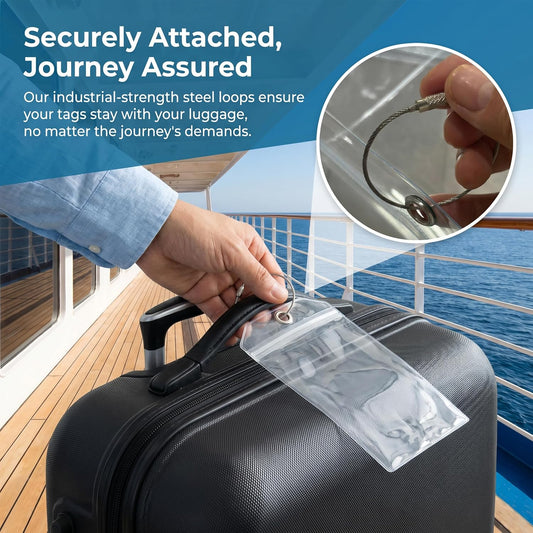 5 Pack Cruise Luggage Tag Holders, Clear PVC, 10.3" x 6", Heavy Duty with Steel Cable Loops, Waterproof