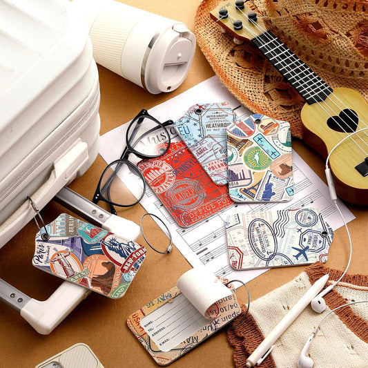 Dansydaisy 6 Pack Travel Stamp Luggage Tags PU Leather,Multicolored,Stamp
