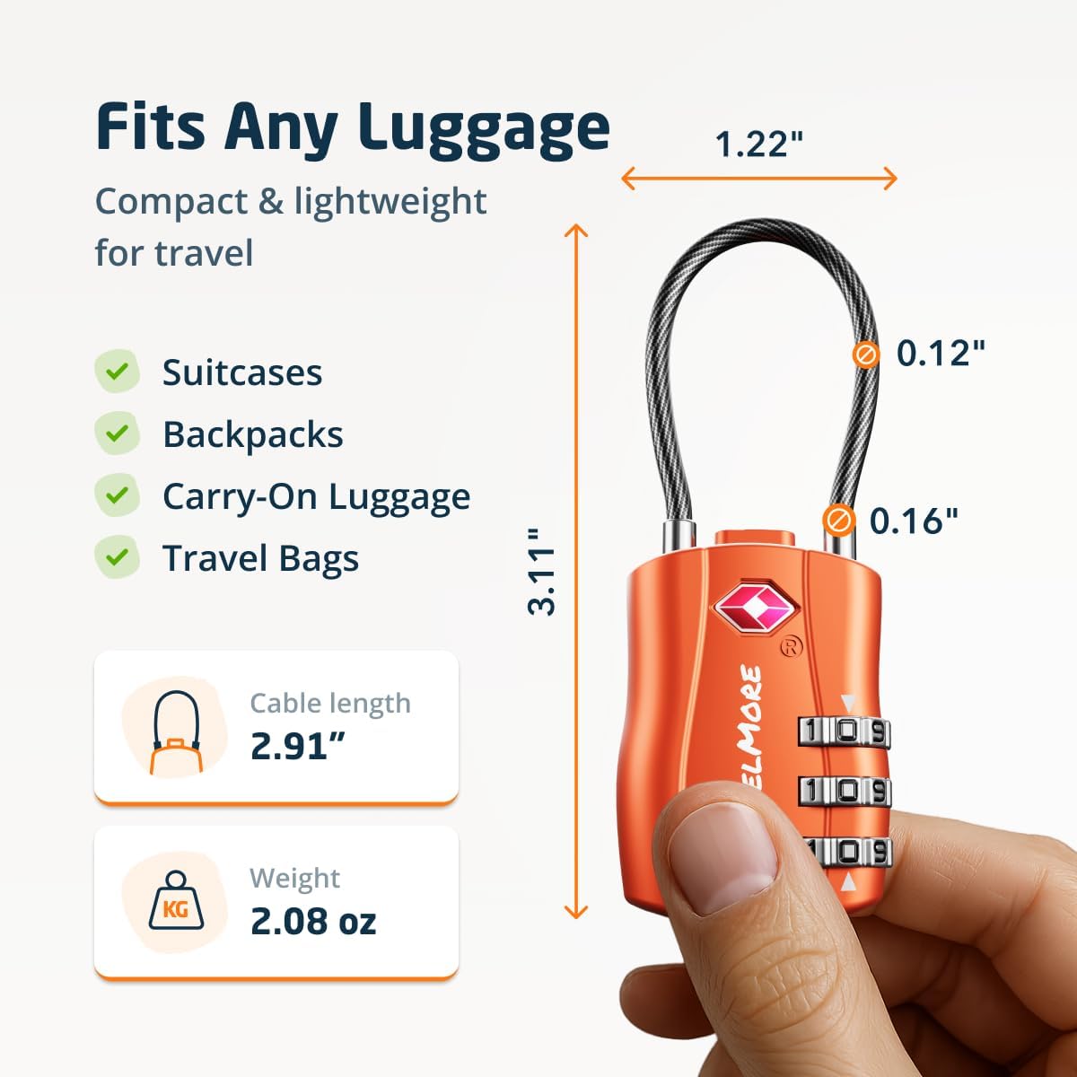 TravelMore TSA Approved Luggage Locks, Travel Combination Cable Locks