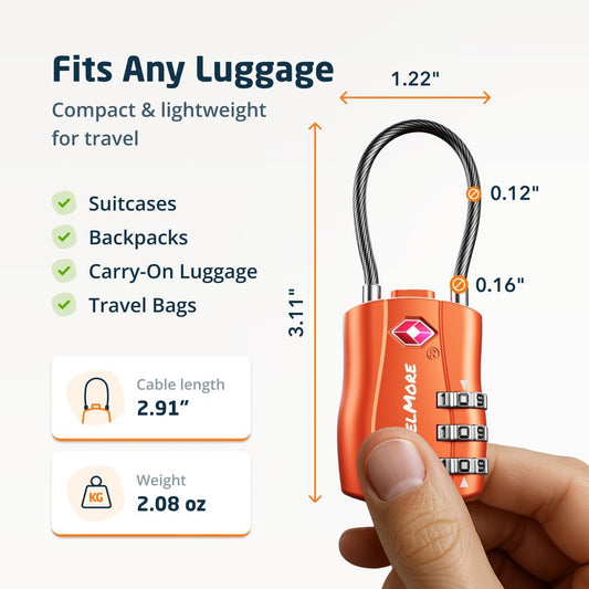 TravelMore TSA Approved Luggage Locks, Travel Combination Cable Locks