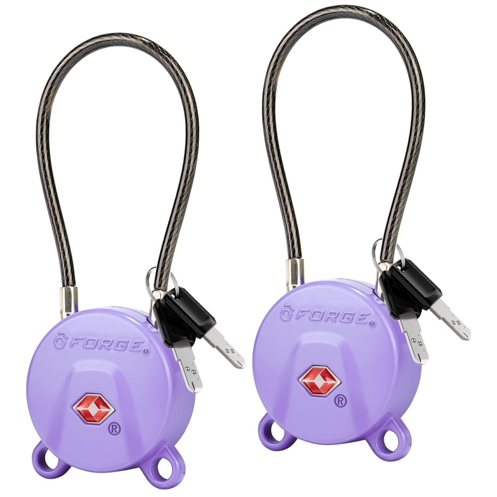 FORGE TSA Approved Key Luggage Locks, Keyed Alike, TSA006 Dimple Key Cable Locks. Black 2 Pack.
