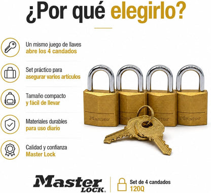Master Lock Padlock, Solid Brass Lock, 3/4 in. Wide, 120Q (Pack of 4-Keyed Alike)
