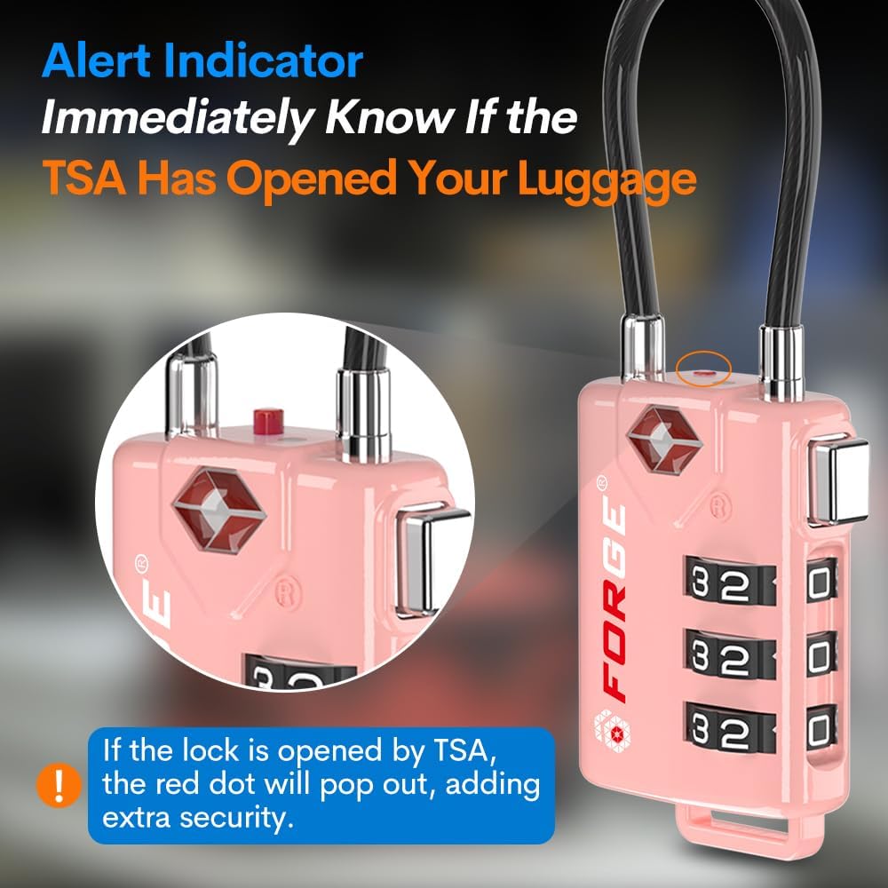 Forge TSA Approved Luggage Locks, Open Alert Cable Lock, Pink, 2 Pack