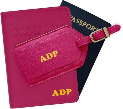 Personalized Monogrammed Bright Pink Leather RFID Passport Cover Holder and Luggage Tag