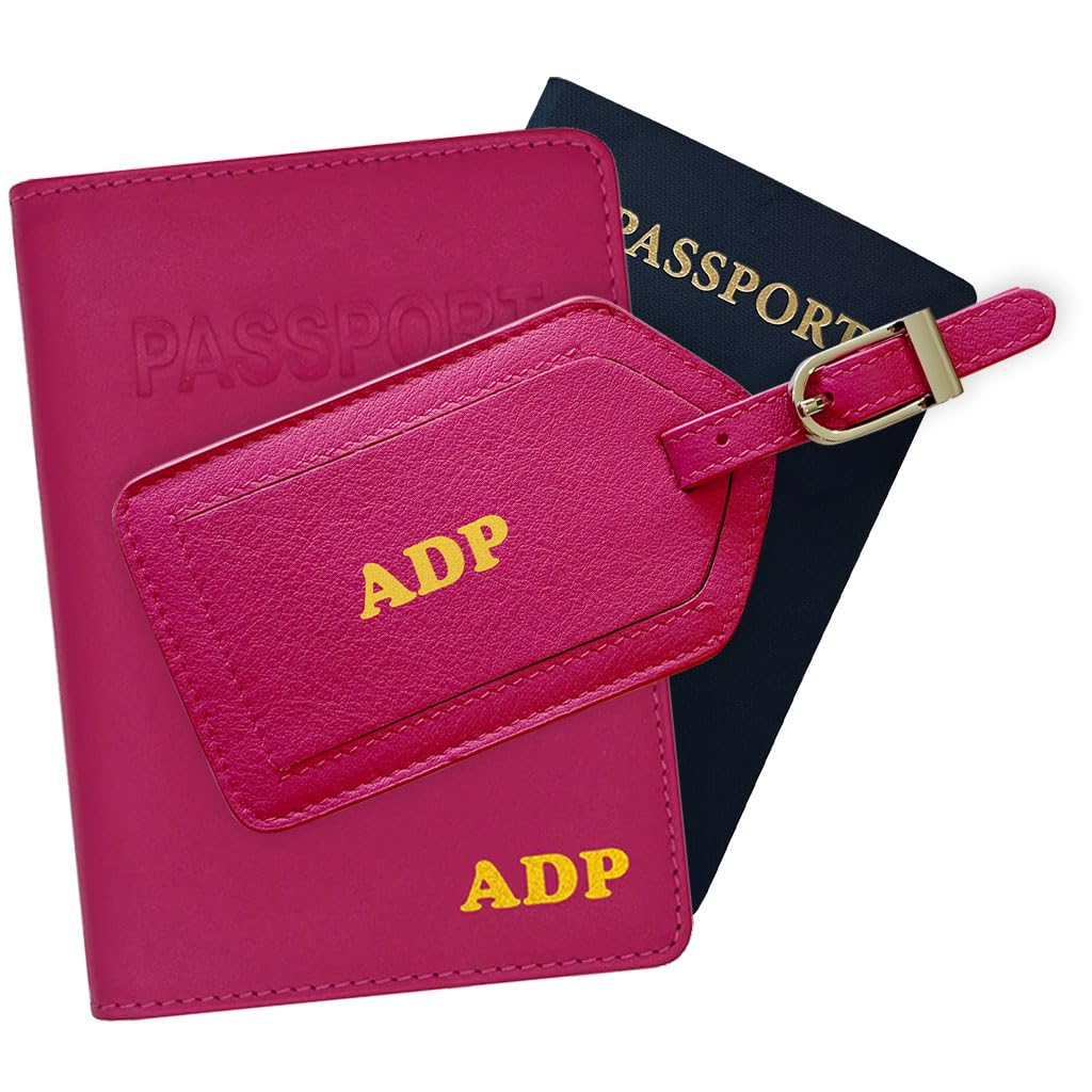Personalized Monogrammed Bright Pink Leather RFID Passport Cover Holder and Luggage Tag