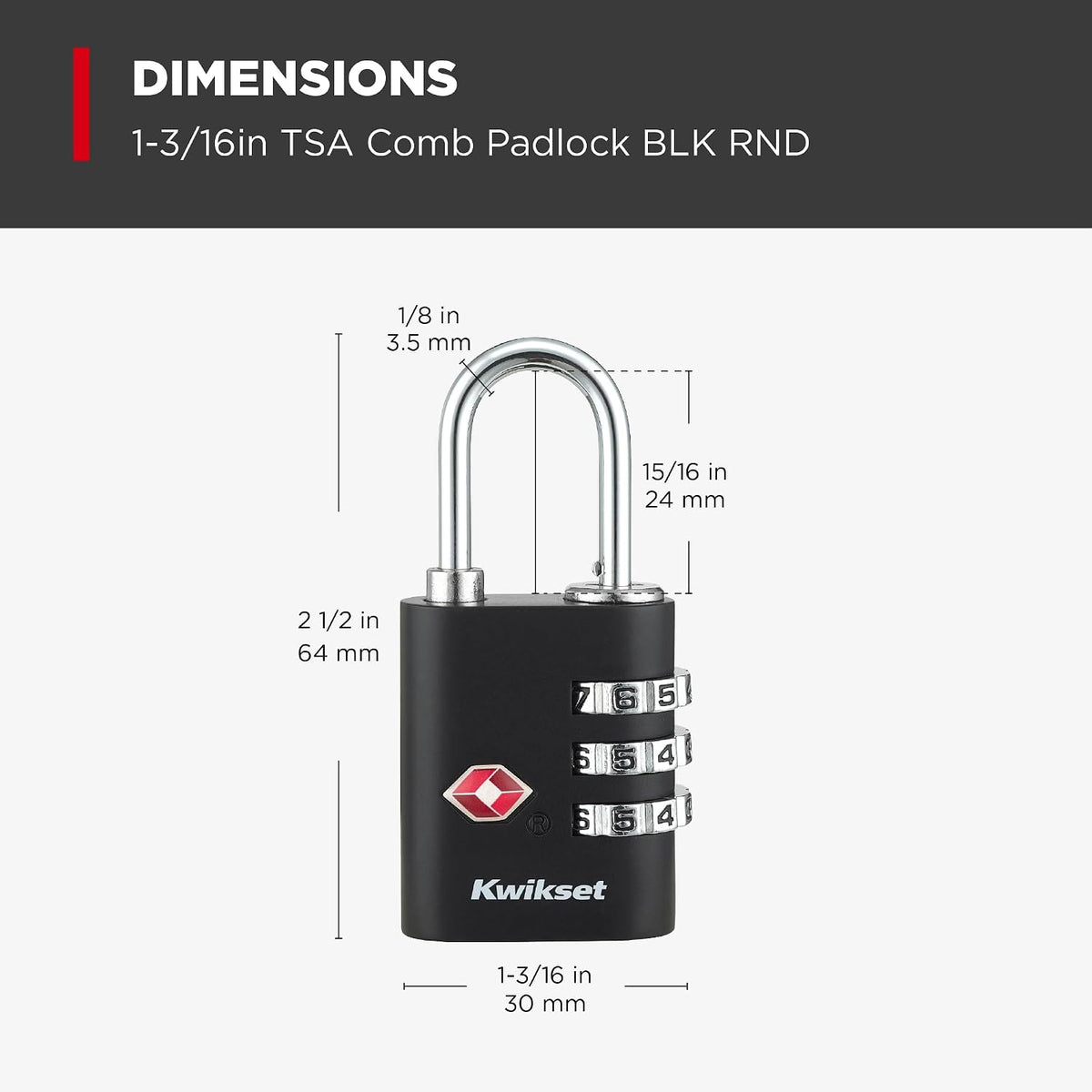 Kwikset TSA Approved Combination Luggage Lock, 3-Digit, 1-Pack, Black