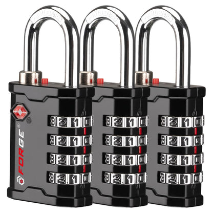 Forge 4-Digit TSA Approved Travel Locks – Heavy-Duty Combination Padlock for Travel, Gym, Pelican Case. Black 2-Pack.