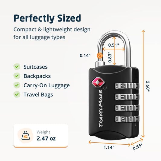 TravelMore Luggage Locks TSA Approved, 4-Digit Travel Combination Locks