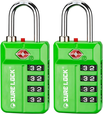 SURE LOCK TSA Approved 4-Digit Resettable Combination Luggage Locks with Open Alert, Easy-Read Dials - for Luggage, School Lockers, Gym, Office, Toolbox & Security Cases(Green 2 Pack)