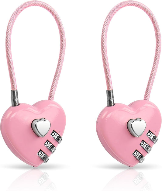 YAODHAOD 2 Pack Combination Lock, 3 Digit Heart Shaped Padlock for School Gym Locker, TSA Approved Cable Luggage Lock, Lock forLocker, Luggage,Fence,Backpack,Valentine Gift (Pink)