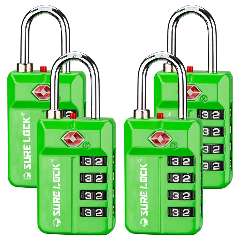SURE LOCK TSA Approved 4-Digit Resettable Combination Luggage Locks with Open Alert, Easy-Read Dials - for Luggage, School Lockers, Gym, Office, Toolbox & Security Cases(Green 2 Pack)