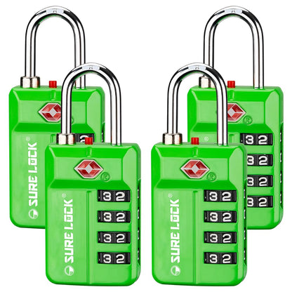 SURE LOCK TSA Approved 4-Digit Resettable Combination Luggage Locks with Open Alert, Easy-Read Dials - for Luggage, School Lockers, Gym, Office, Toolbox & Security Cases(Green 2 Pack)