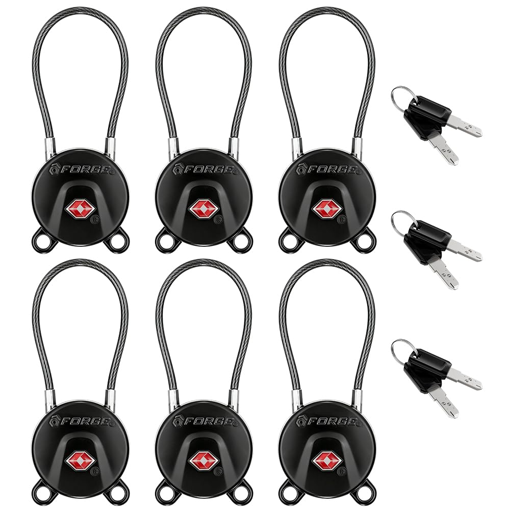 FORGE TSA Approved Key Luggage Locks, Keyed Alike, TSA006 Dimple Key Cable Locks. Black 2 Pack.