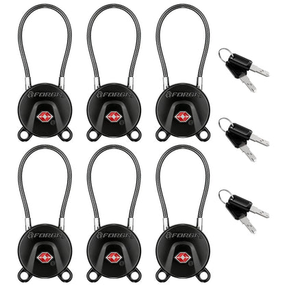 FORGE TSA Approved Key Luggage Locks, Keyed Alike, TSA006 Dimple Key Cable Locks. Black 2 Pack.