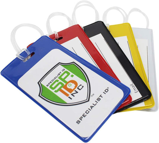 25 Pack - Bright Backpack ID Luggage Tags for Student Identification Cards - School Name Badge Holder for Backpacks - Business Card Size with Clear Insert Window by Specialist ID (Assorted Colors)