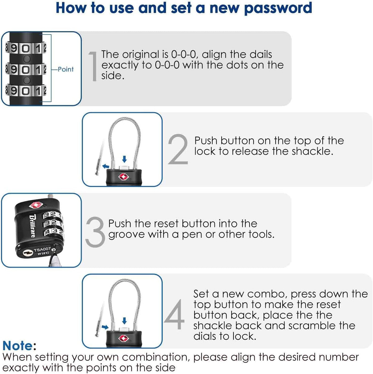 4 Pack TSA Approved Luggage Locks, Combination Travel Cable Lock, 3-Digit Waterproof Padlock, Zinc Alloy Outdoor Keyless Resettable Lock for Travel, Lockers, Bags, Backpack, Gym, Gate-by BRILLIRARE