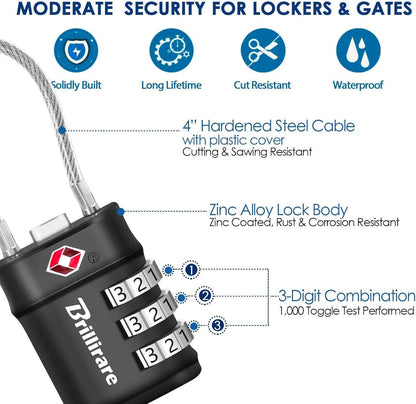 4 Pack TSA Approved Luggage Locks, Combination Travel Cable Lock, 3-Digit Waterproof Padlock, Zinc Alloy Outdoor Keyless Resettable Lock for Travel, Lockers, Bags, Backpack, Gym, Gate-by BRILLIRARE