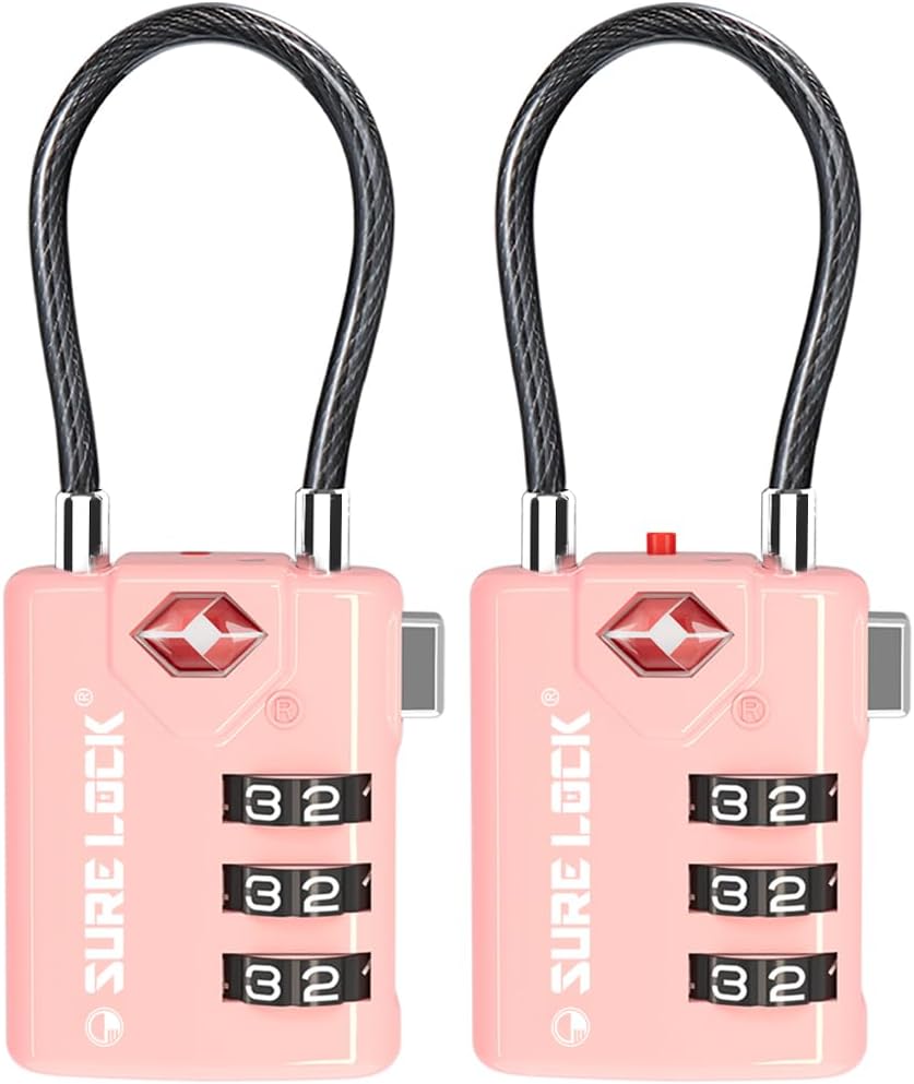 SURE LOCK TSA Approved Luggage Locks with Open Alert Indicator, 3 Digit Combination Cable Travel Lock for Suitcase, Backpack, Gym Locker, Toolbox & Travel Bag(2, Pink 2 Pack)