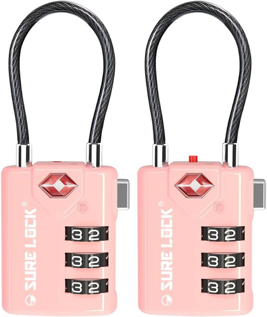 SURE LOCK TSA Approved Luggage Locks with Open Alert Indicator, 3 Digit Combination Cable Travel Lock for Suitcase, Backpack, Gym Locker, Toolbox & Travel Bag(2, Pink 2 Pack)