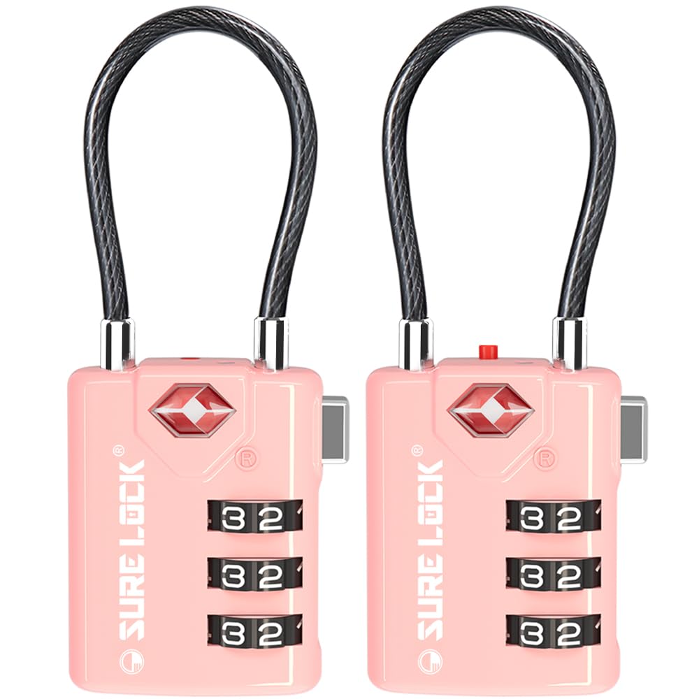 SURE LOCK TSA Approved Luggage Locks with Open Alert Indicator, 3 Digit Combination Cable Travel Lock for Suitcase, Backpack, Gym Locker, Toolbox & Travel Bag(2, Pink 2 Pack)