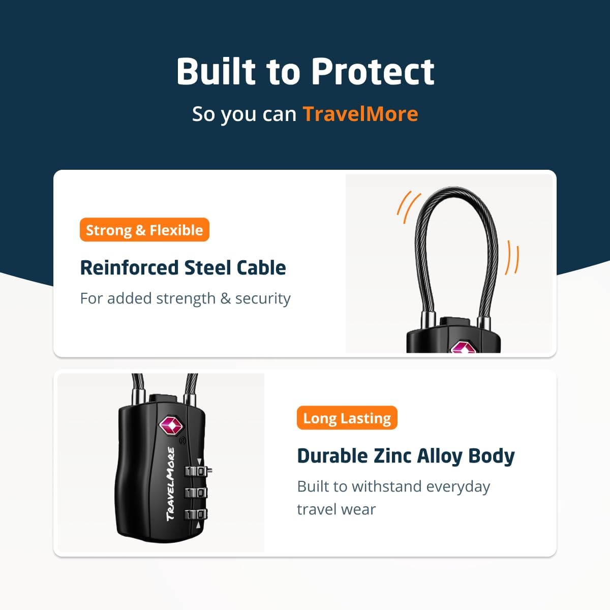 TravelMore TSA Approved Luggage Locks, Travel Combination Cable Locks