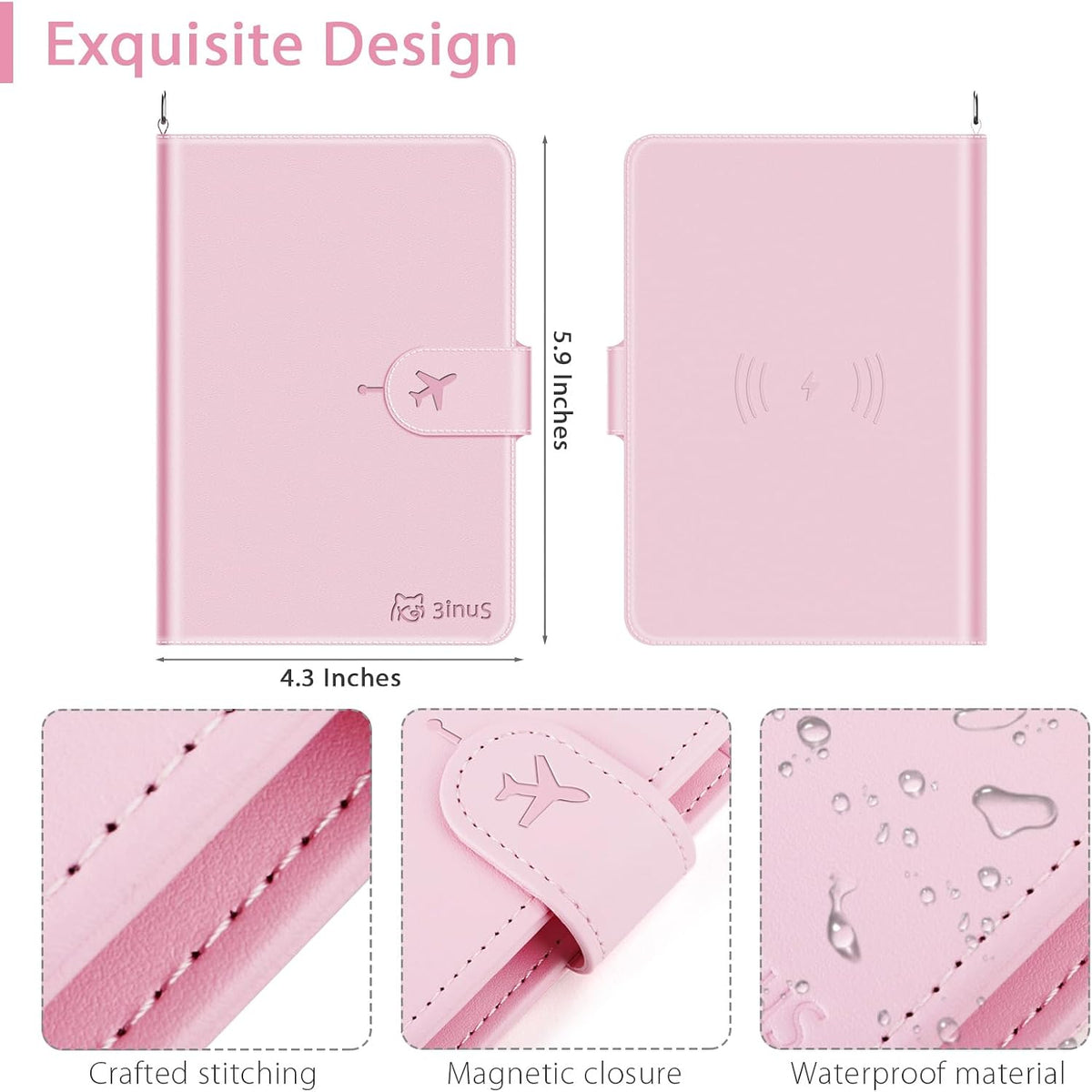 Passport Holder for Travel with Apple Find My,Waterproof RFID Blocking Passport Cover with 4 Card Slots, Wireless Charging, Magnetic Closure, Pink
