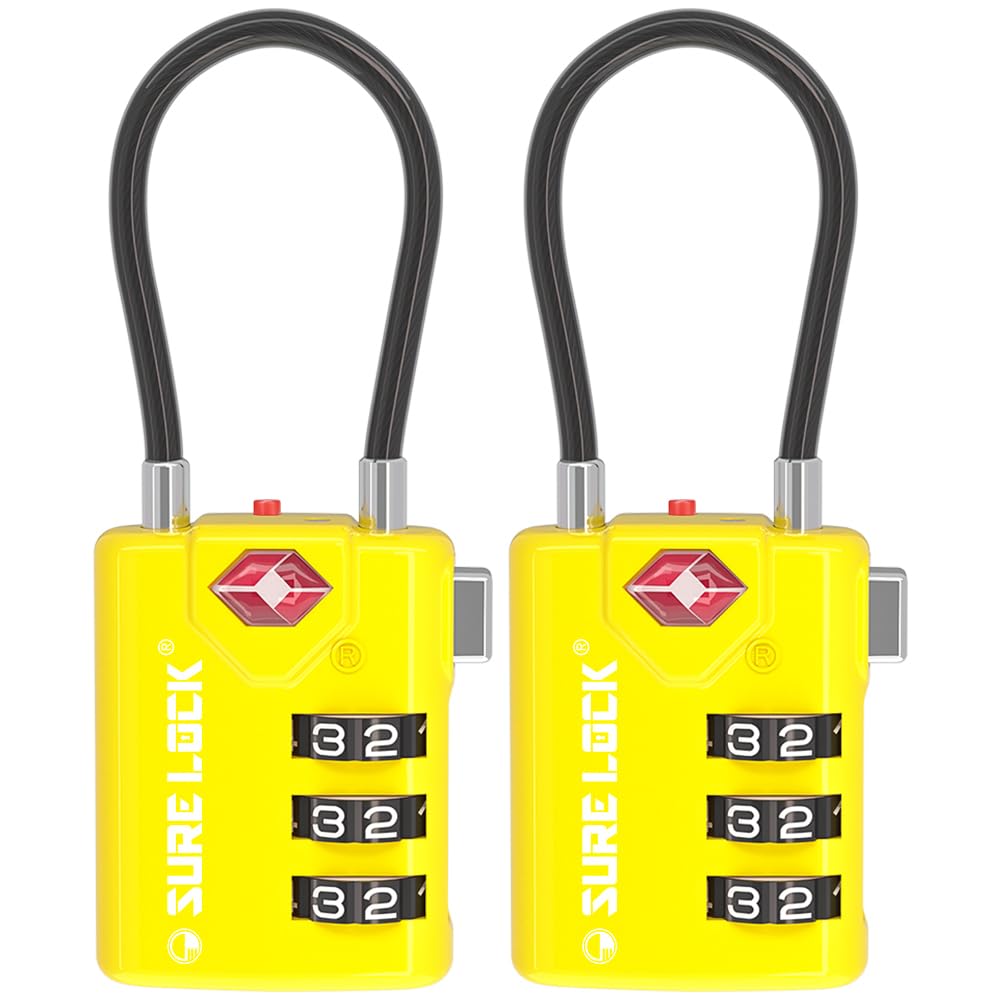 SURE LOCK TSA Approved Luggage Locks with Open Alert Indicator, 3 Digit Combination Cable Travel Lock for Suitcase, Backpack, Gym Locker, Toolbox & Travel Bag(2, Pink 2 Pack)