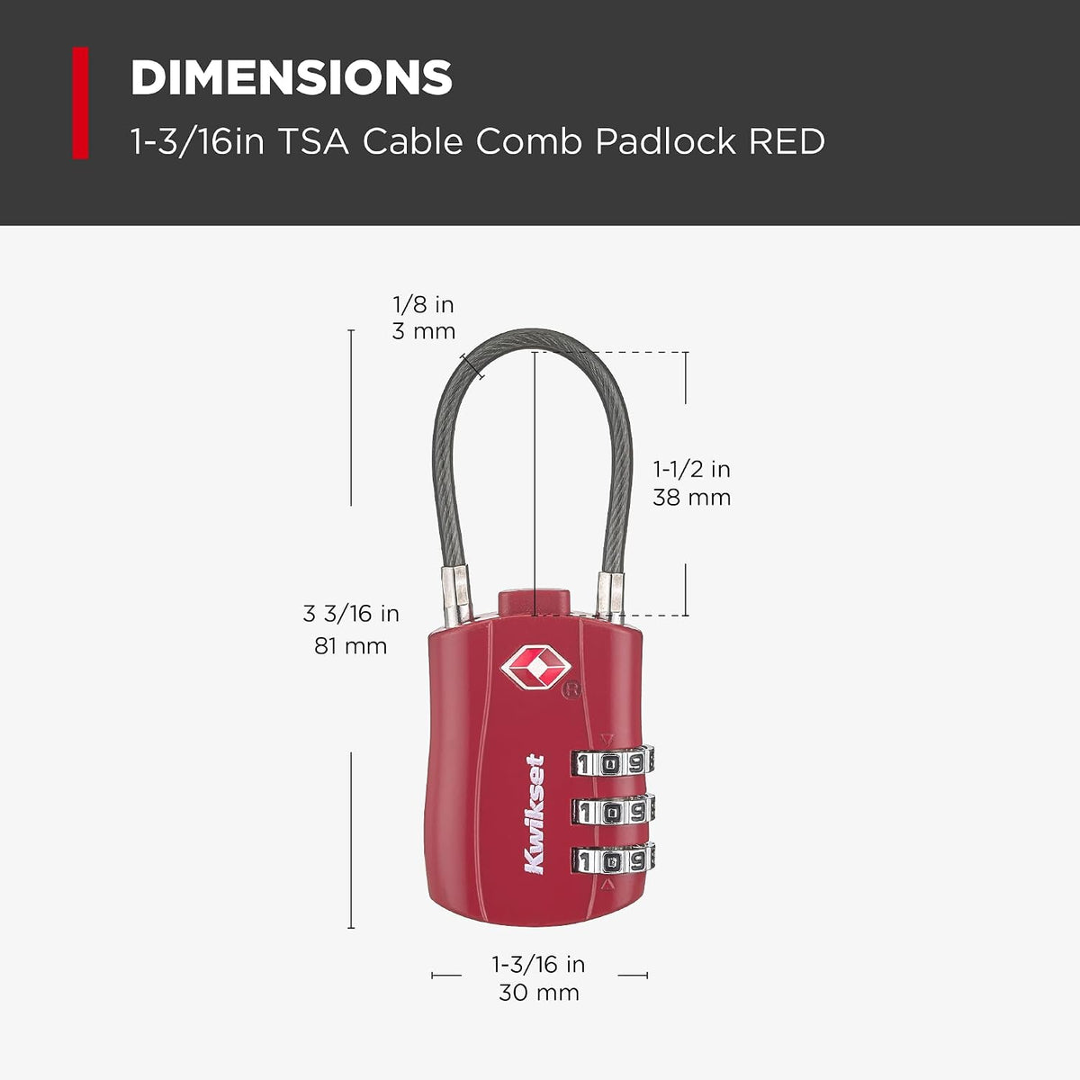 Kwikset TSA Approved Combination Luggage Lock with Cable, 1-Pack, Red