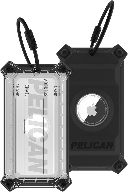 Pelican Luggage Tag with AirTag Holder with Stainless Steel Loop - Black