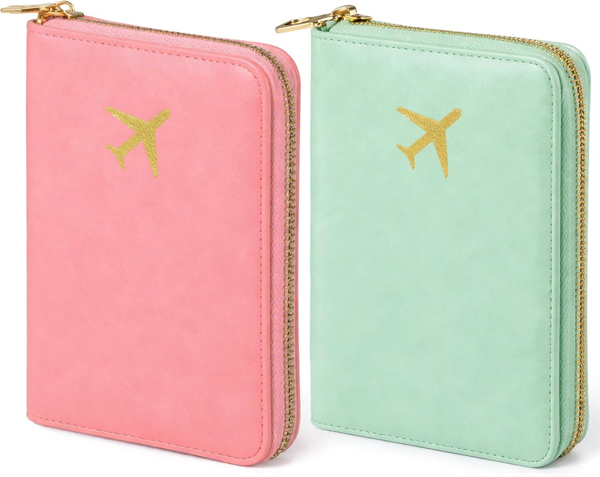 2 Pcs Leather Passport Holder Cover for Travel with Safe Zipper Closure, Premium Passport Wallet Waterproof Rfid Blocking Card Case for Travel Family Women Men(Light Pink,Bean Green)