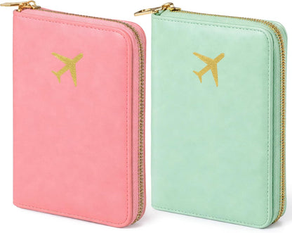 2 Pcs Leather Passport Holder Cover for Travel with Safe Zipper Closure, Premium Passport Wallet Waterproof Rfid Blocking Card Case for Travel Family Women Men(Light Pink,Bean Green)