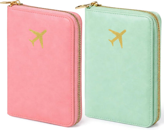 2 Pcs Leather Passport Holder Cover for Travel with Safe Zipper Closure, Premium Passport Wallet Waterproof Rfid Blocking Card Case for Travel Family Women Men(Light Pink,Bean Green)