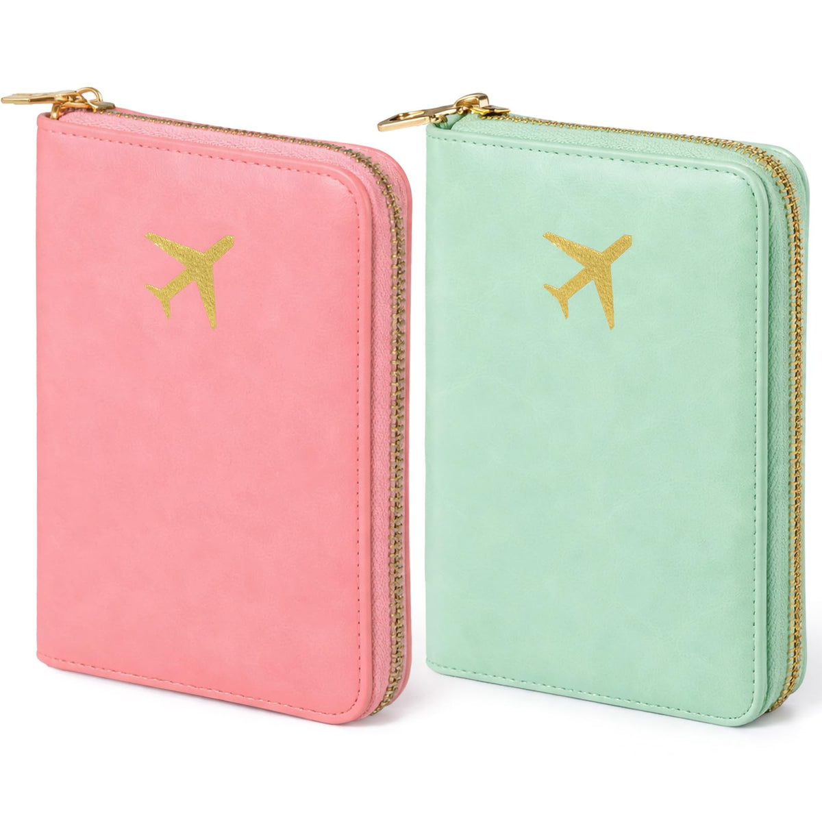 2 Pcs Leather Passport Holder Cover for Travel with Safe Zipper Closure, Premium Passport Wallet Waterproof Rfid Blocking Card Case for Travel Family Women Men(Light Pink,Bean Green)