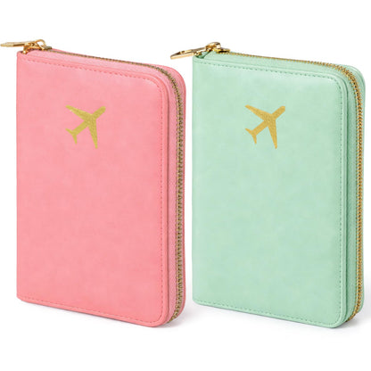 2 Pcs Leather Passport Holder Cover for Travel with Safe Zipper Closure, Premium Passport Wallet Waterproof Rfid Blocking Card Case for Travel Family Women Men(Light Pink,Bean Green)